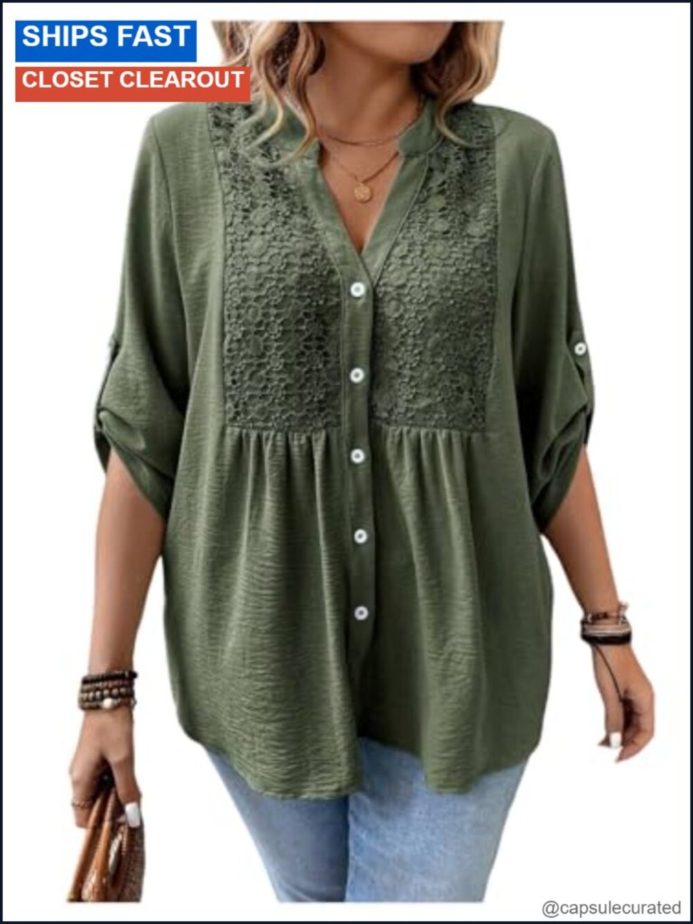 Women's Plus Size Boho Button Down Blouse Floral Embroidery Tunic 3/4 Sleeve